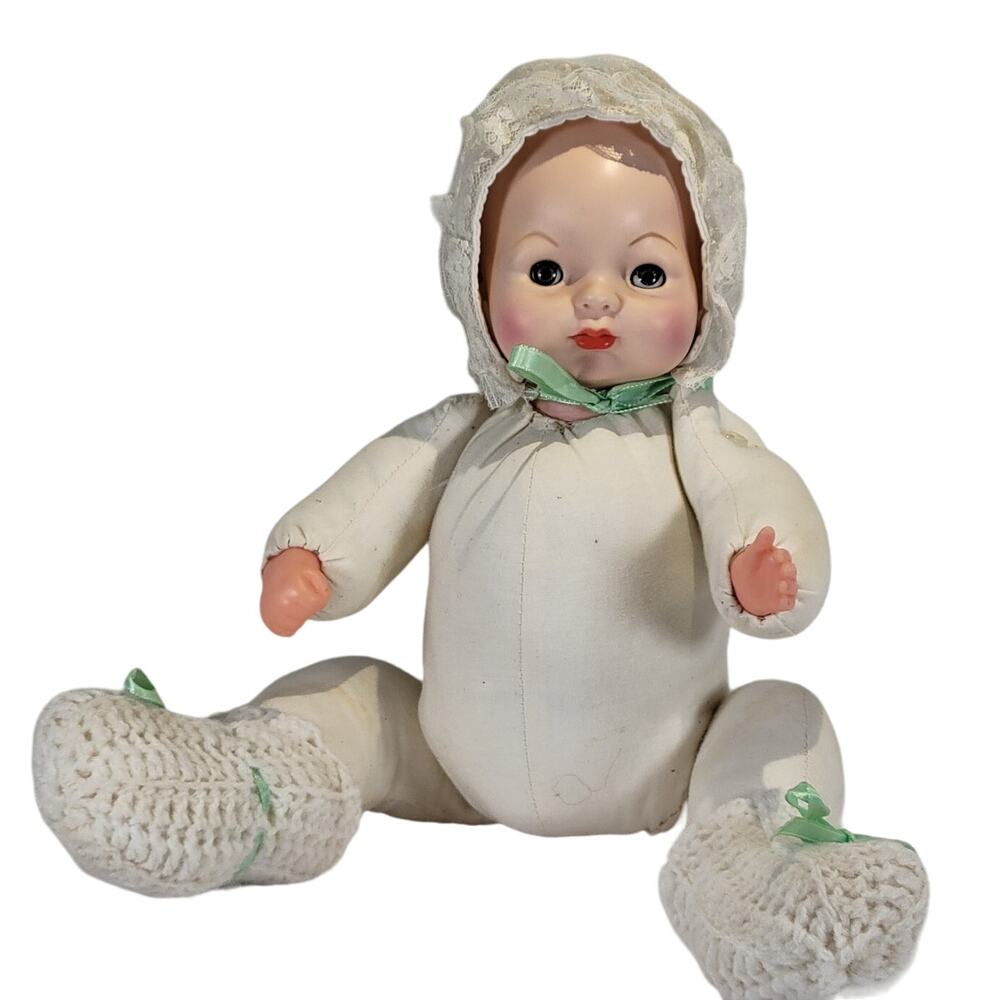 Vintage 13" Composition Baby Doll with Cloth Body and Sleep Eyes Bonnet Booties